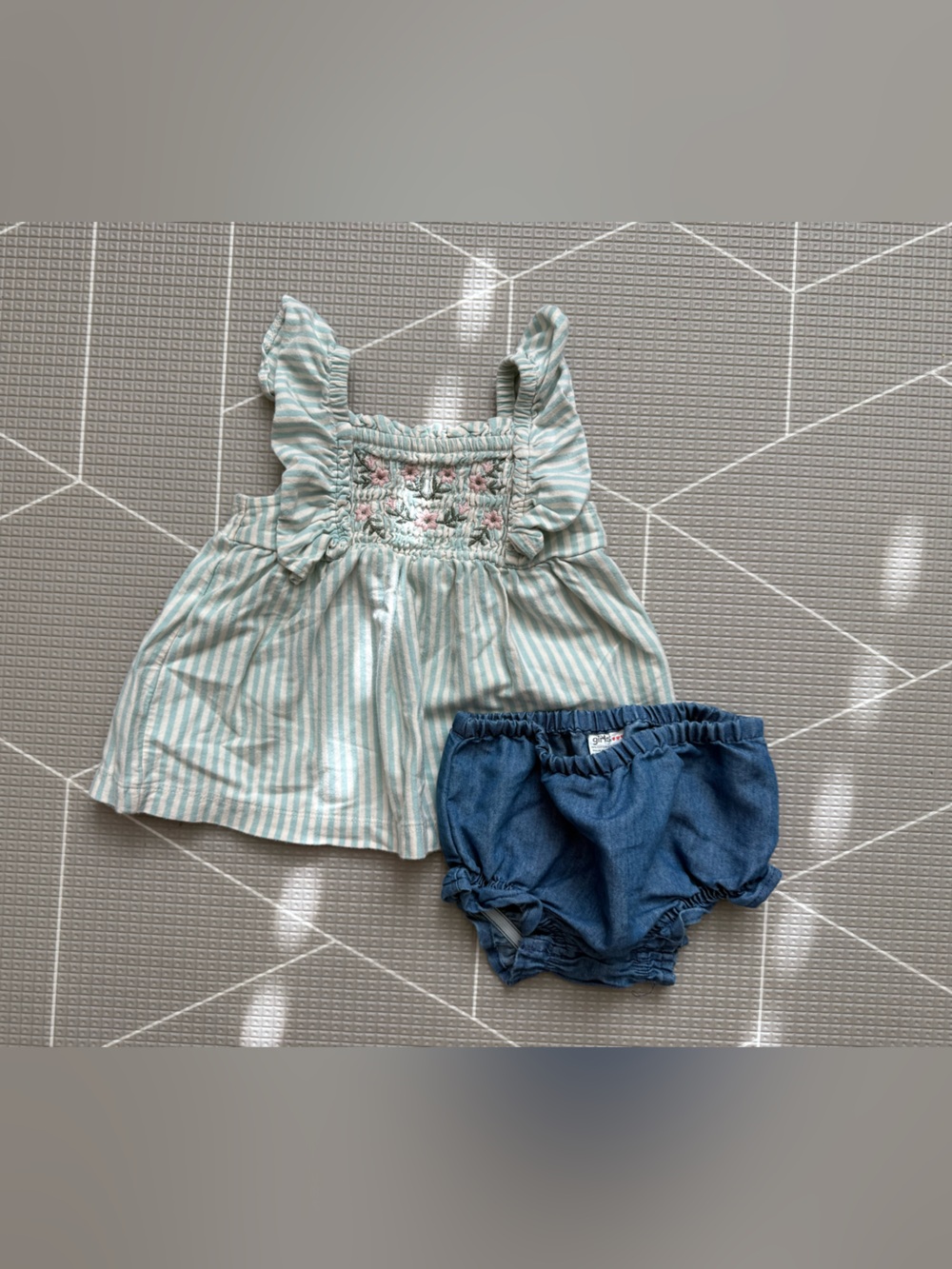 Carters|Baby girl Striped Ruffle Smocked Floral Top & Denim Bloomer Set•••12M